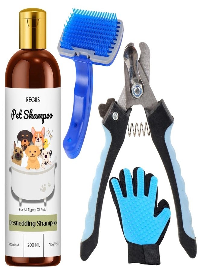 مجموعة ريجيس للعناية بالحيوانات الأليفة مع شامبو لإزالة الشعر الزائد، زجاجة سعة 200 مل، فرشاة سيليكون زرقاء وقفاز للعناية بجميع أنواع الحيوانات الأليفة (عبوة من 4 قطع) - Image 1